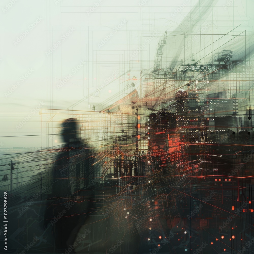 Poster Abstract double exposure representing network security.