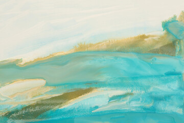 Ink watercolor, acrylic hand drawn smoke flow stain blot landscape painting wet paper texture background. Blue, beige color.