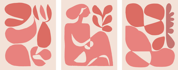 mid-century abstract  woman botanical art, pink mauve colors, minimalist design vector illustration set of 3  © Levin