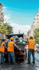 Waste collectors empty a bin into a truck while ensuring cleanliness in a busy urban street