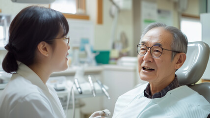 Obraz premium 高齢男性に説明する日本人女性歯科医師