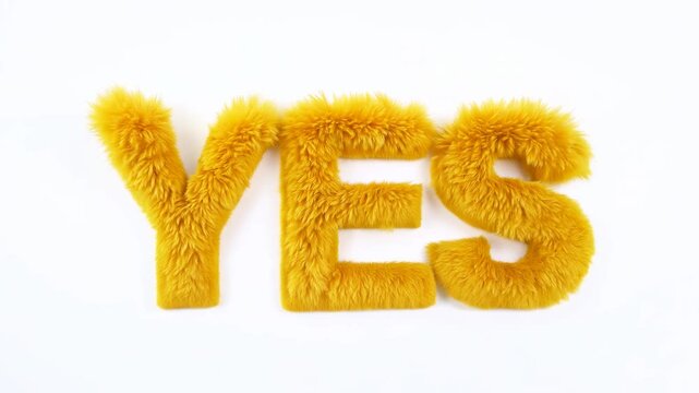 Bright yellow, fuzzy letters spelling yes against a clean white background. ideal for positive messages, promotional materials, or motivational designs.