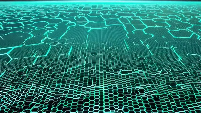 A close up of a pattern of hexagons in a blue color. The pattern is made up of small squares that are all the same size. The squares are arranged in a way that creates a sense of depth and movement