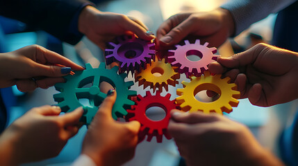 Close up of a team of business people holding colorful gears in their hands working together