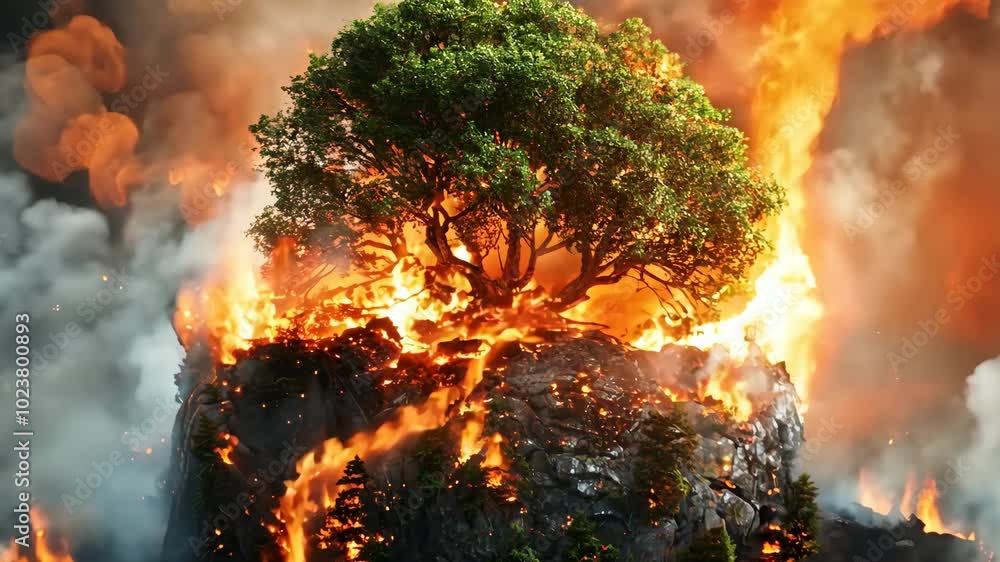 Poster a tree is on a rock in a fire. the fire is very large and the tree is surrounded by it