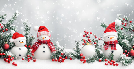 Happy snowman in winter. Christmas winter background with snow. Merry christmas and happy new year with copy space