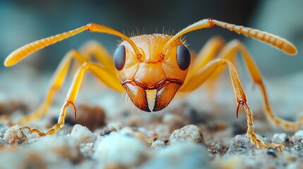 Fototapeta premium A close-up view of an orange ant with its mandibles open, facing the camera.