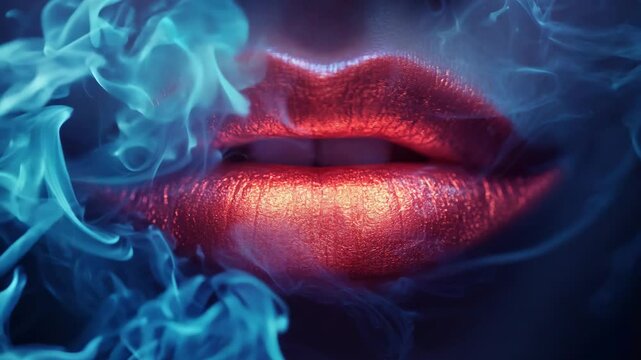 A woman's lips are painted red and are surrounded by smoke. The lips are the main focus of the image, and the smoke adds a dramatic and mysterious atmosphere