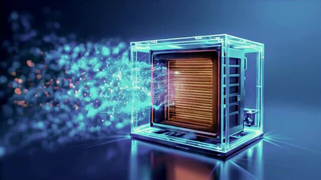 Digital hologram of a heat pump is dynamically rendered against a blue background as visualization