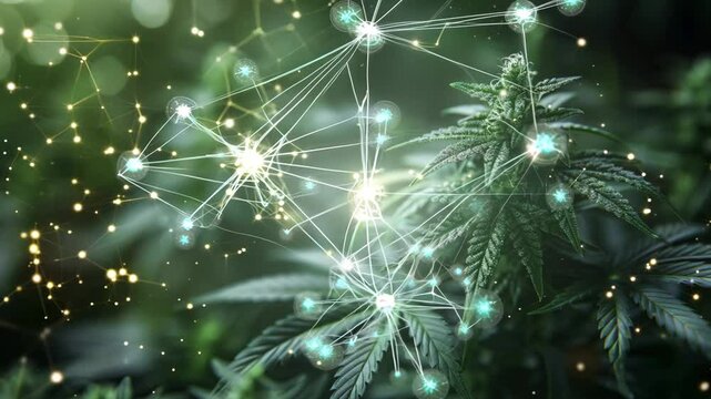A close up of a marijuana plant with a background of stars and a molecule. Concept of wonder and curiosity about the plant and its potential uses