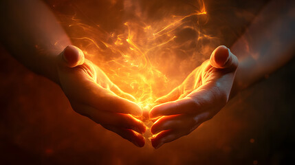 Open prayer hands worship God. Glowing light or spirit for spirituality and christianity