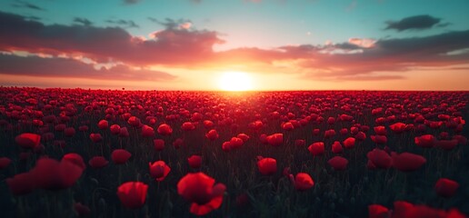 Obraz premium Red poppy field at sunset.