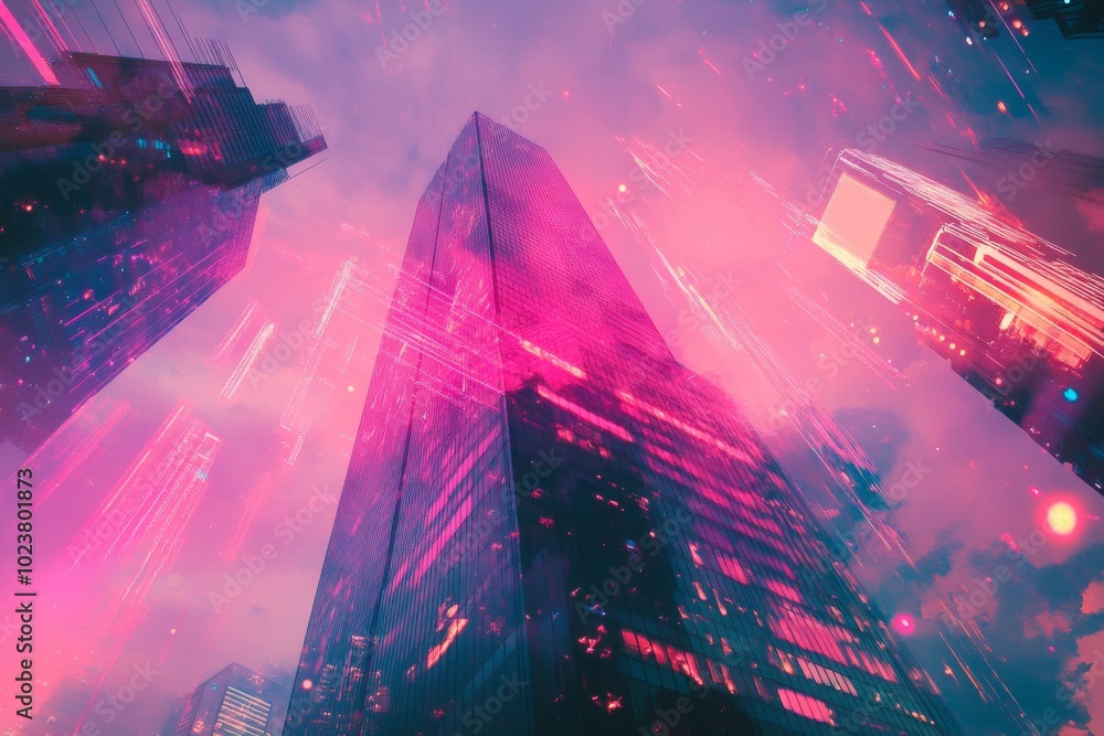 Poster artistic double exposure image of a synthwave skyscraper, merging with city lights and abstract synt
