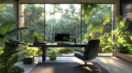 Modern Home Office with Large Window Overlooking Lush Greenery