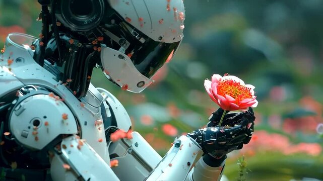 A robot is holding a flower in its hand. The flower is pink and is in the robot's hand. The robot is in a field of flowers