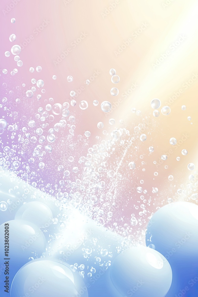Poster Dynamic Blue Liquid With Foam and Bubbles Against a Gradient Background of Blue and Pink Hues