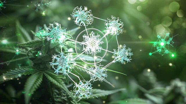 A close up of a marijuana plant with a bunch of chemical symbols surrounding it. Concept of scientific curiosity and exploration, as if the viewer is looking at the plant from a molecular perspective