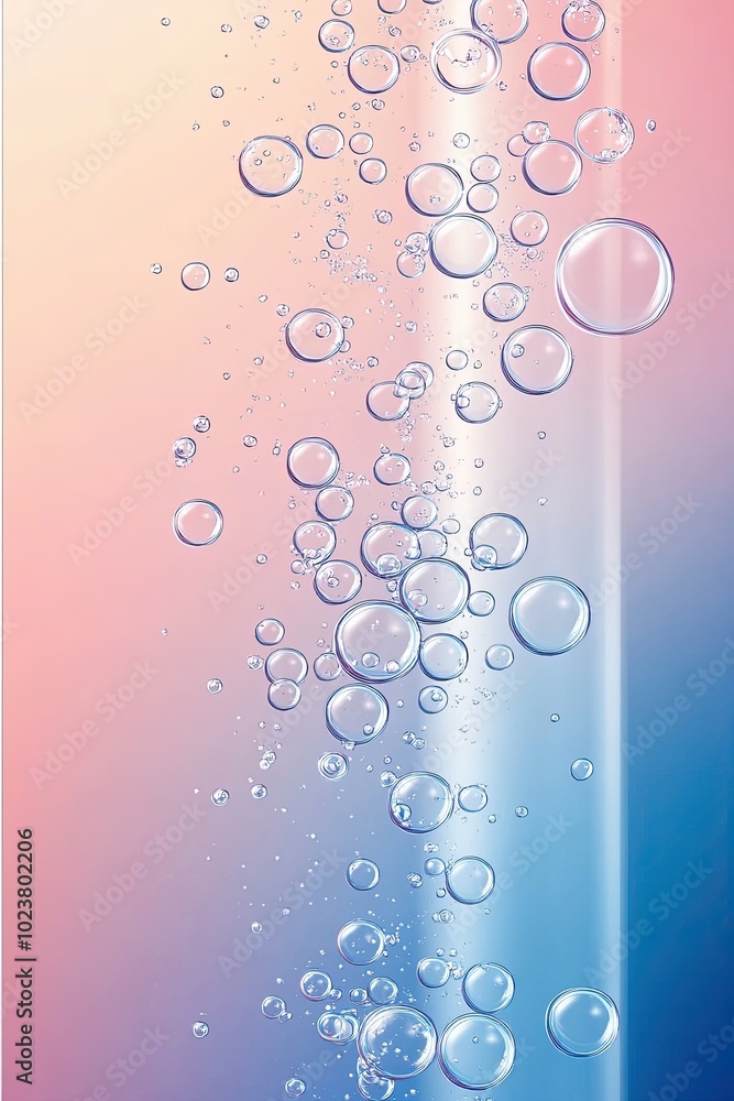 Poster fluid dynamics with foamy splashes in a blue and mother of pearl pink gradient background