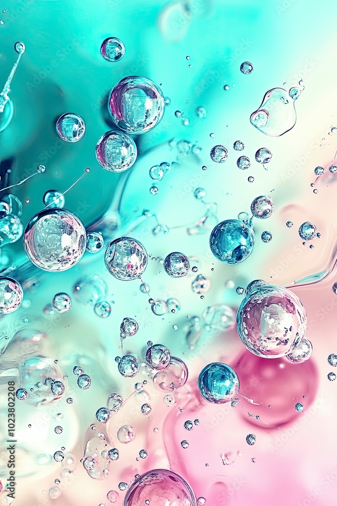 Poster flowing blue liquid with foam and bubbles against a gradient backdrop of blue and light pink