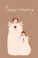 Happy 1. Advent - Schriftzug in englischer Sprache - Fröhlicher 1. Advent. Karte mit niedlichen Engeln