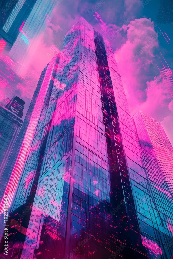 Poster artistic representation of a synthwave skyscraper in double exposure, merging with abstract neon des