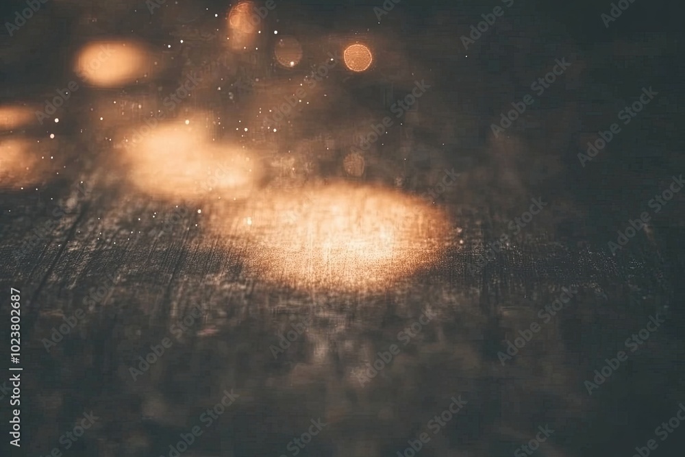 Poster glowing light spots dancing on a dark textured surface in a dimly lit environment