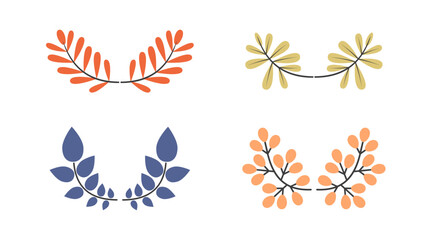 Abstract leaves, geometric shapes. Set of design elements geometric colored branches with leaves, decorative laurel wreaths. Ornaments of herbs, flowers, plants