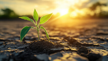 Dried cracked earth under the sun, with green plants sprouting from cracks in the dry soil, symbolizing hope and resilience. - Powered by Adobe