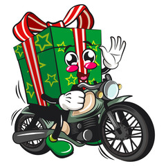 green gift box cartoon character and stars pattern with a red ribbon isolated vector illustration riding a big motorcycle, the concept of birthday, christmas, new year, work of hand drawn