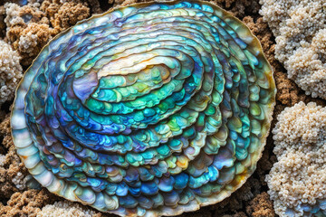 Obraz premium A stunning close-up of an iridescent abalone shell, displaying its vibrant colors and intricate layers. Perfect for backgrounds, design, and nature-themed concepts. Generative AI