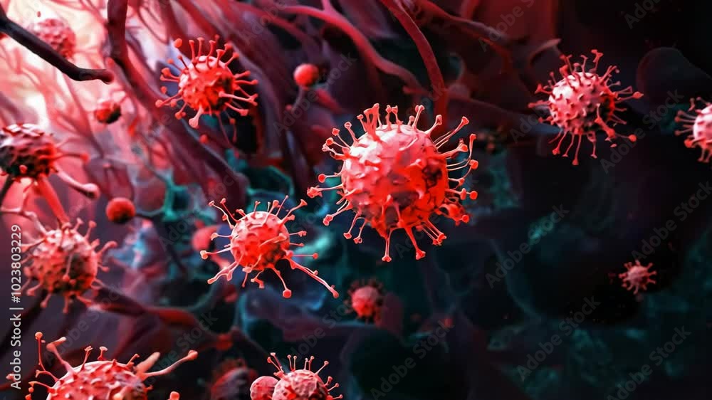 Poster a close up of red and black cells with a red background. the cells are small and clustered together