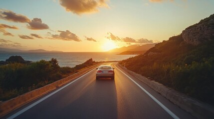 A car drives towards the sunset on a scenic coastal road.