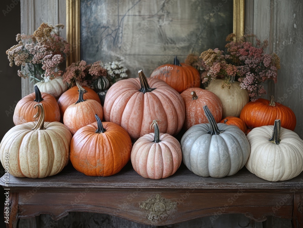 Wall mural Pumpkins displayed on a table for a festive occasion