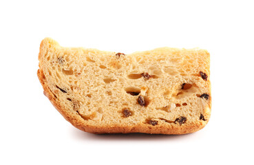Piece of delicious Panettone on white background