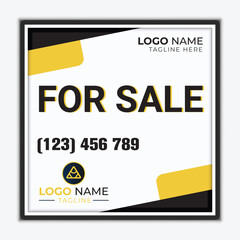 Professional, creative, modern-style real estate signboard or signage for sale, announcement, promotion, or advertisement sign in black and yellow.