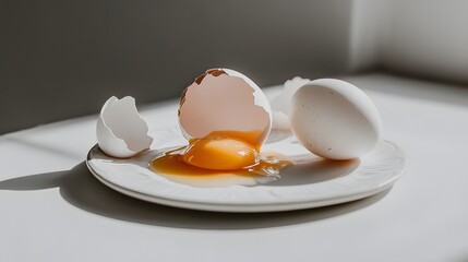 Cracked egg with yolk spilling out surrounded by empty eggshells, symbolizing food safety recall on clean white surface