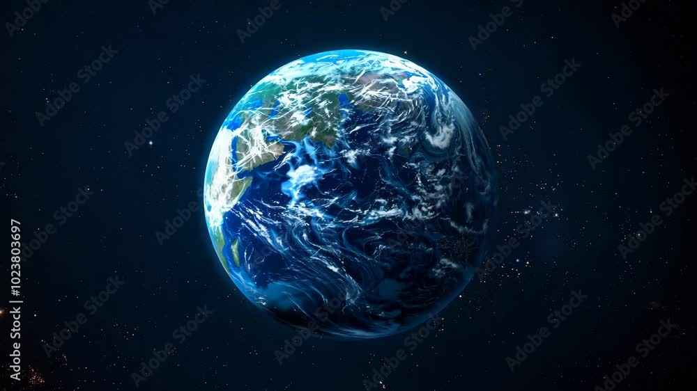 Poster a blue planet in space with a dark background. the planet is the center of the image and takes up mo