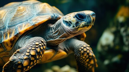 Fototapeta premium A close-up of a turtle with a textured shell, looking directly at the camera.