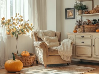 Naklejka premium Cozy living room with armchair commode and decorative pumpkins