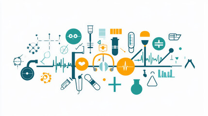 This image shows healthcare and technology ideas using simple icons. It's perfect for healthcare businesses, medical breakthroughs, and science research.