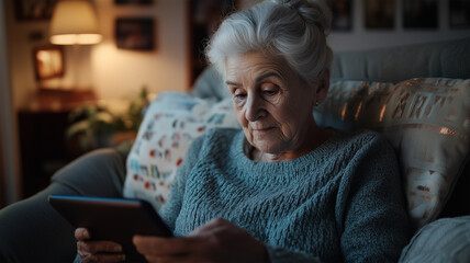 タブレットで家族とビデオ通話する高齢の女性