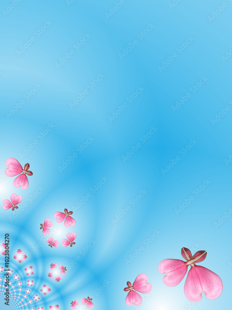Poster pink hearts combined on blue background with effect of space and infinity - graphics with compositio