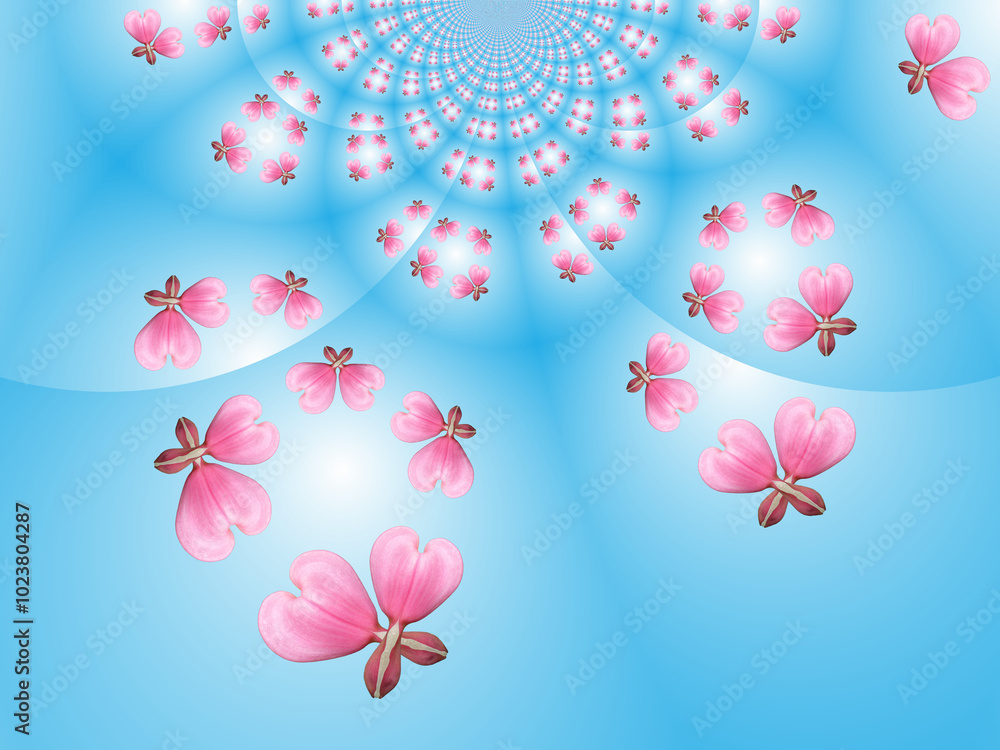 Aufkleber pink hearts combined on blue background with effect of space and infinity - graphics with compositio