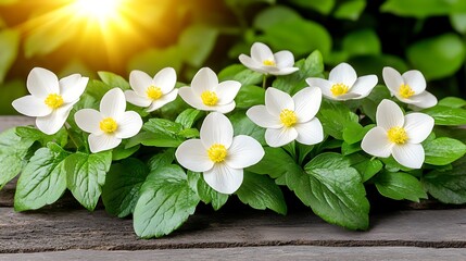 Obraz premium A cluster of delicate white flowers with yellow centers, surrounded by green leaves, on a wooden surface with a bright sun shining in the background.