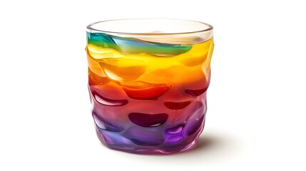 Vibrant rainbow glass tumbler with textured design on white background