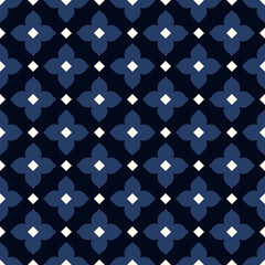Simple geometric pattern abstract square shapes motif classic blue minimal background. Small diamond, floral elements modern fabric design textile swatch ladies dress, man's shirt allover print block.