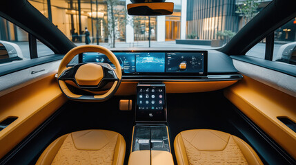 Futuristic Electric Car Interior with High-Tech Dashboard Display
