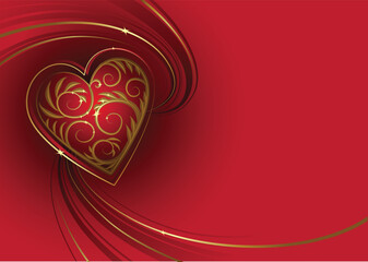 Beautiful heart with gold elements on the red background. Valentine`s day card