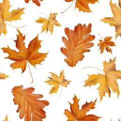 Seamless pattern with autumn leaves on white background. Perfect for fabrics, cozy designs.	