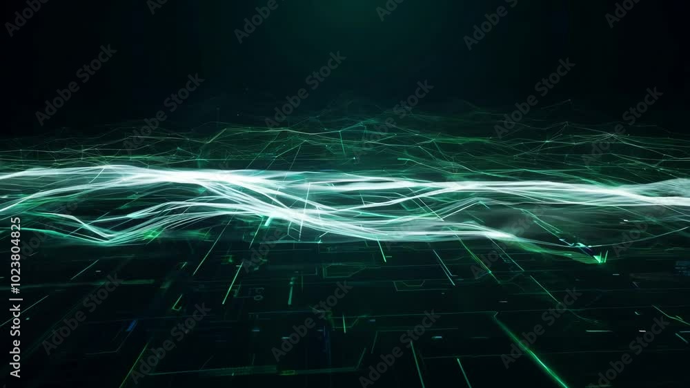 Poster a computer generated image of a green, black and white background with a lot of lines and shapes